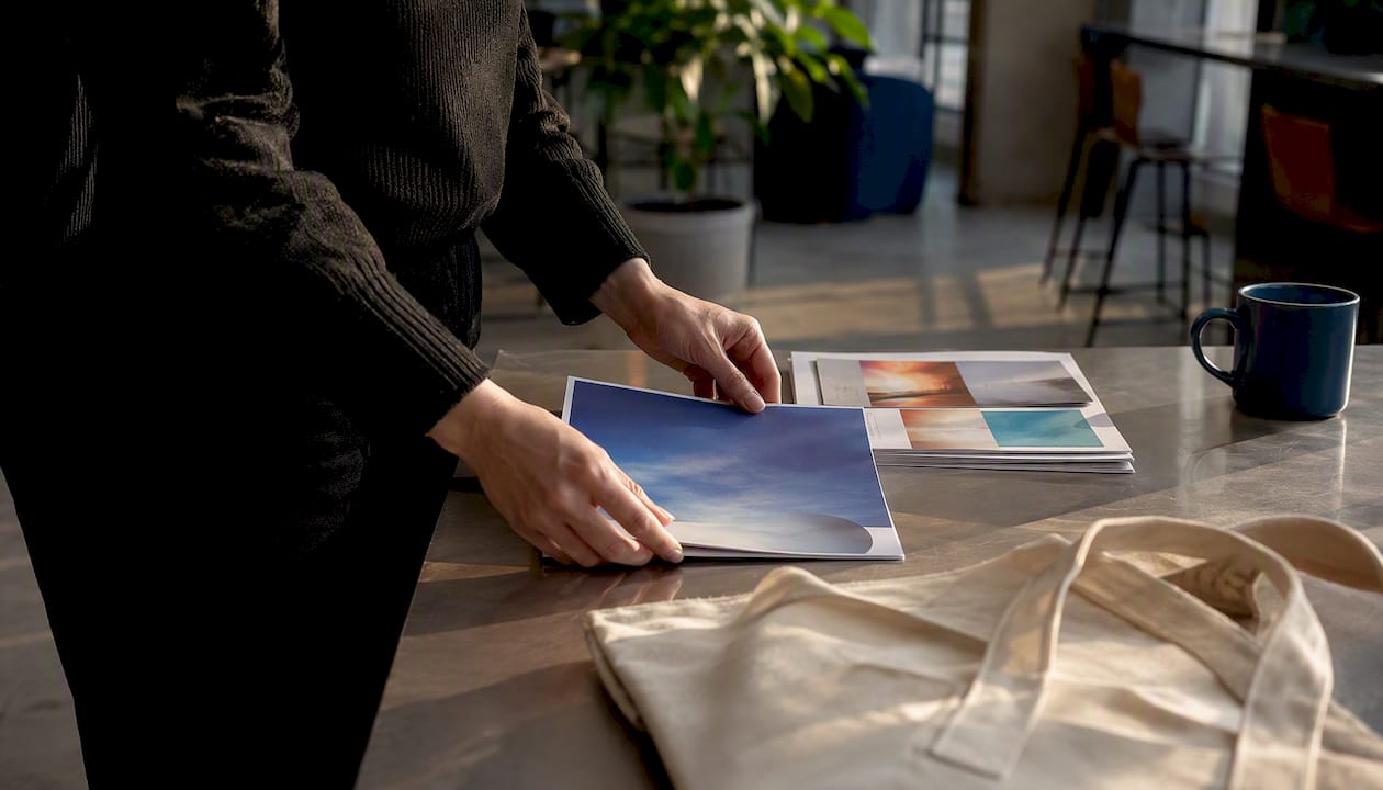 Hands arranging brand awareness marketing materials