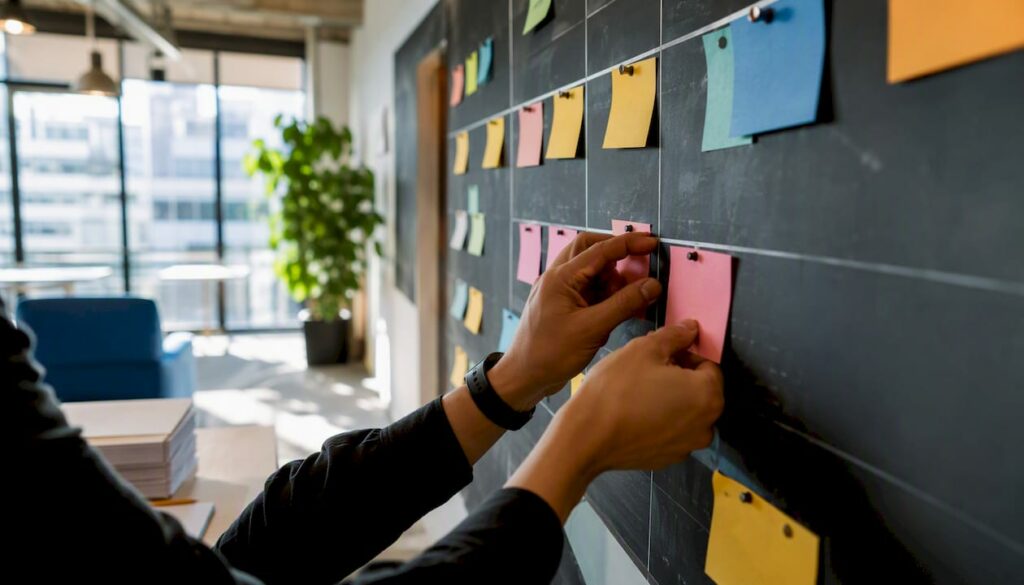 Hands moving Kanban cards on board