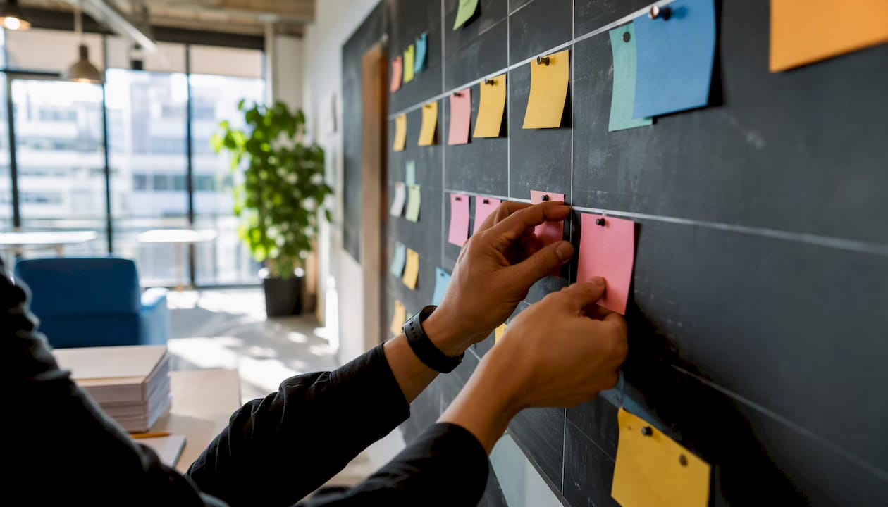 Hands moving Kanban cards on board