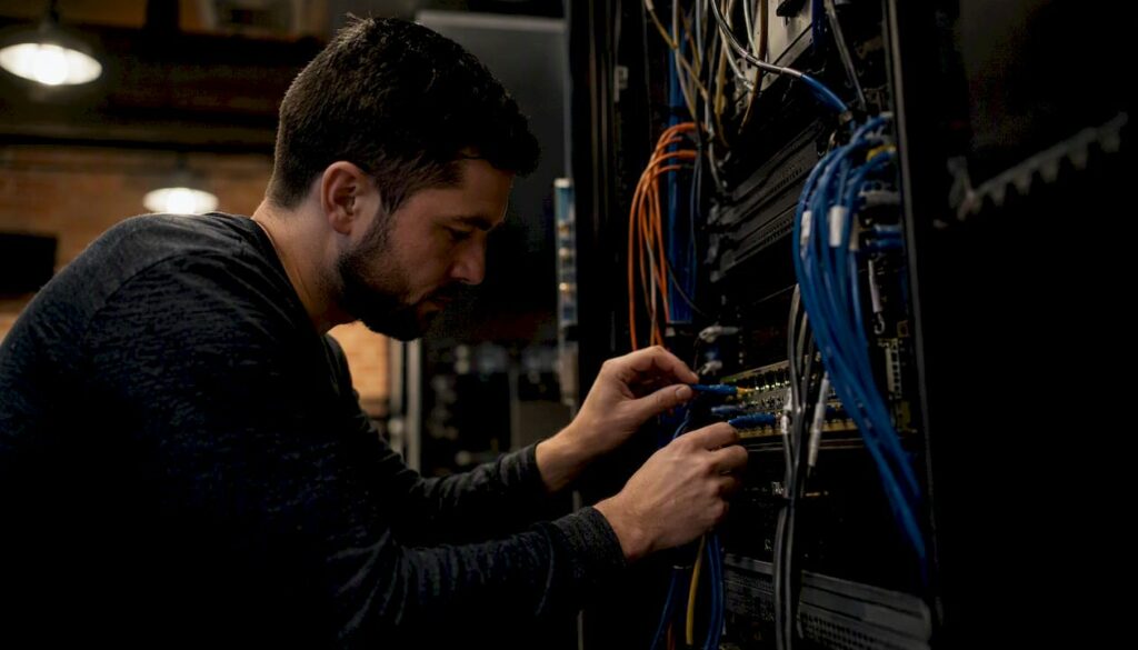 Hands connecting cables in a data center