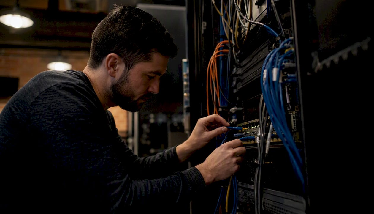 Hands connecting cables in a data center