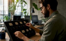 Hands adjusting engagement metric dials