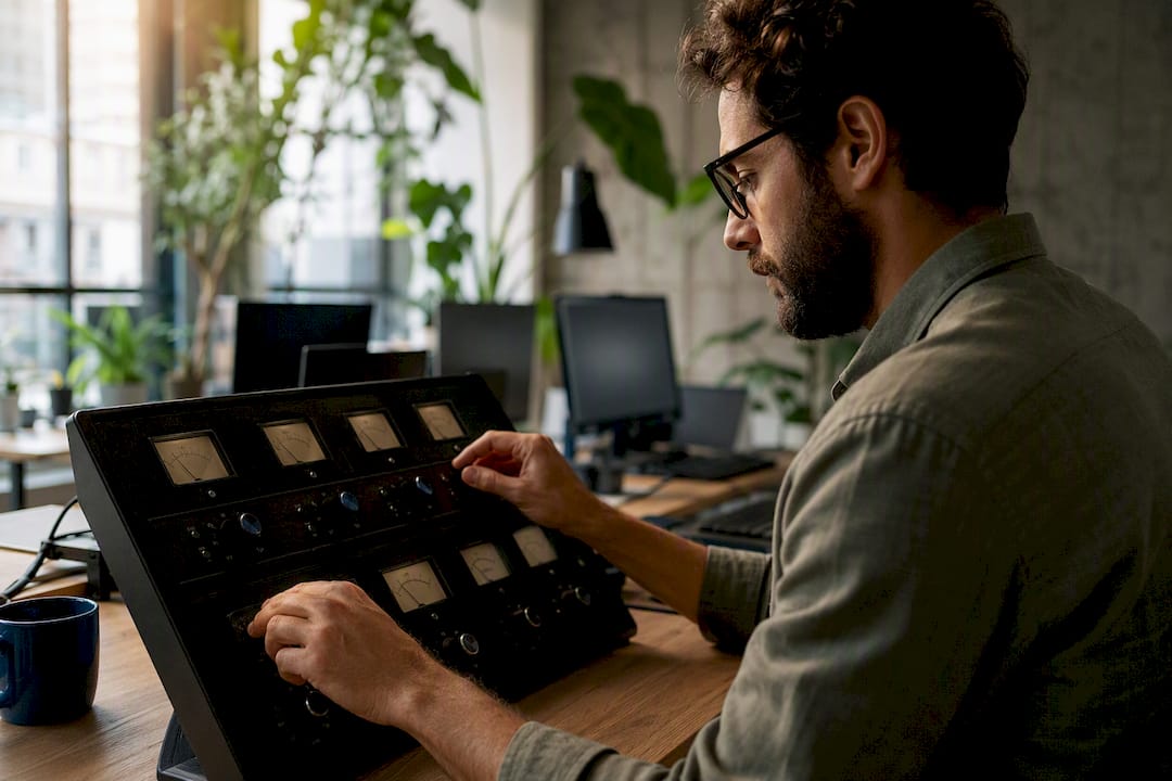 Hands adjusting engagement metric dials