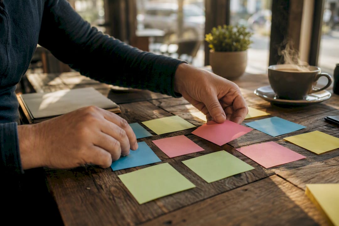 Hands assembling SEO strategy notes