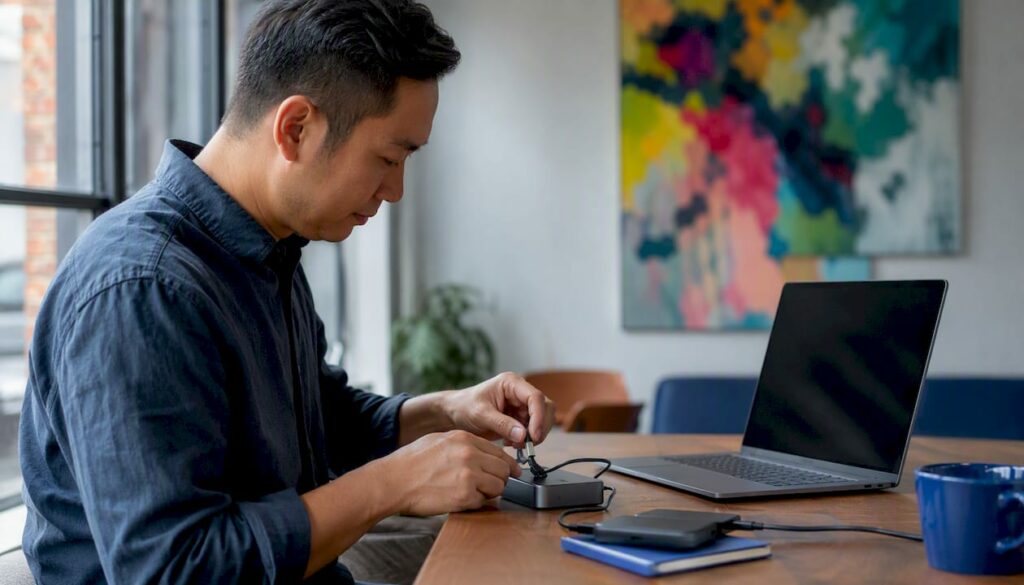 Admin hands setting up digital experience on desk