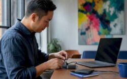 Admin hands setting up digital experience on desk