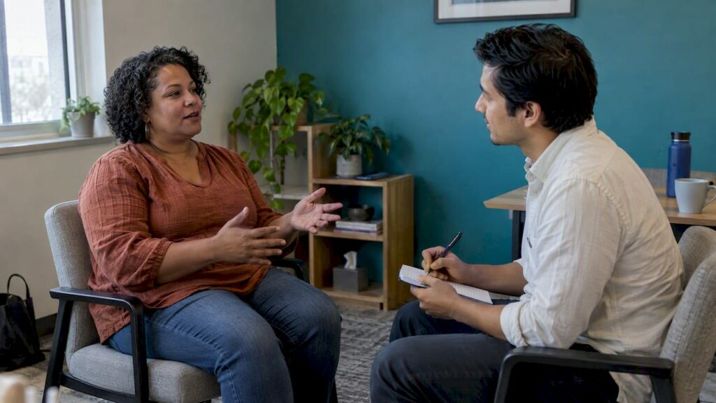 Researcher interviewing a small-business customer