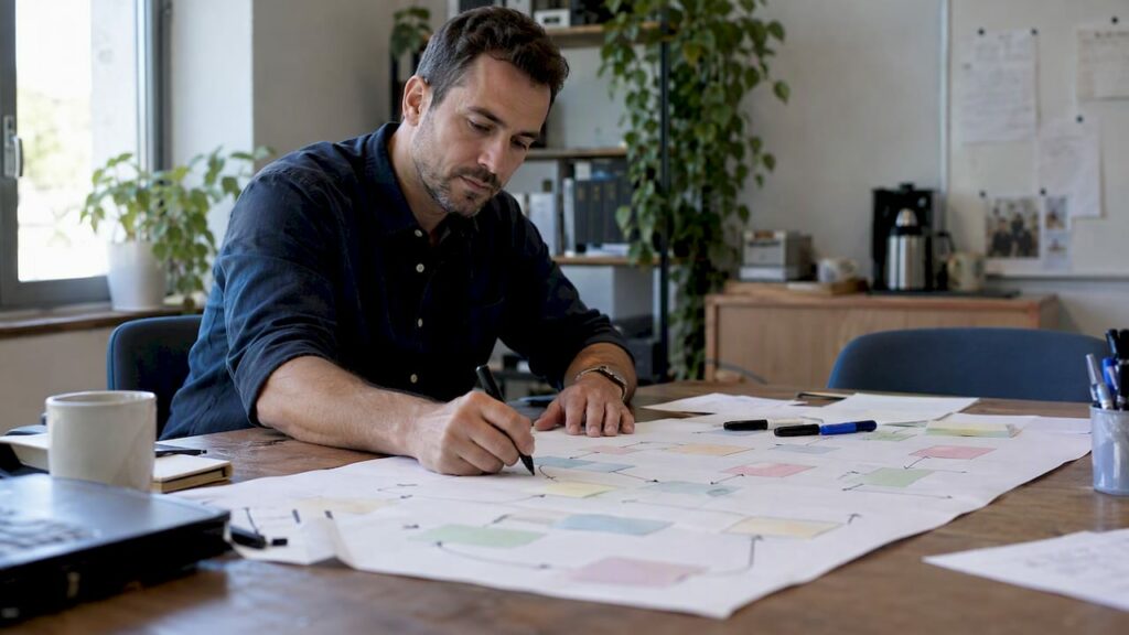 Operations lead reviewing a workflow map