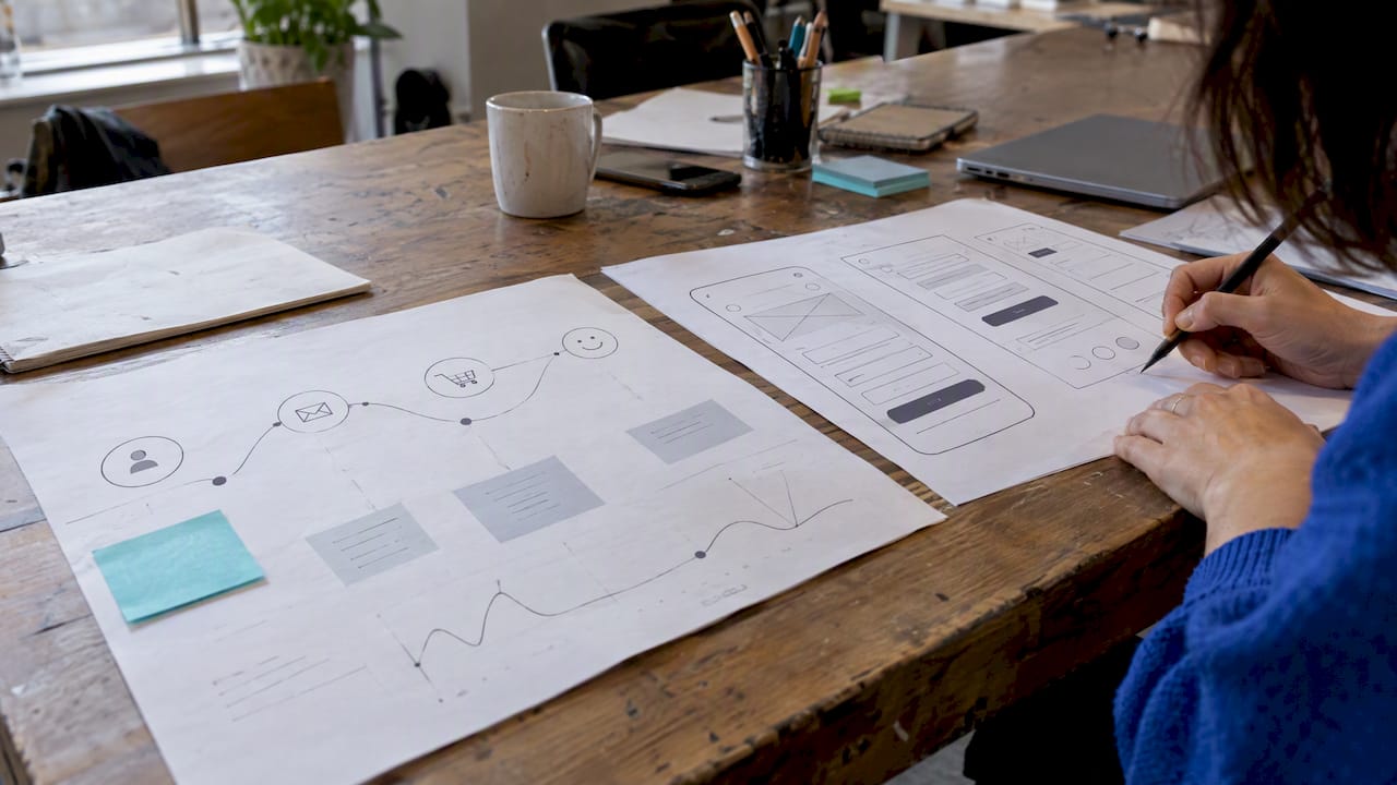 Journey map beside a digital interface prototype