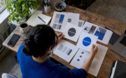 Designer comparing updated brand identity samples