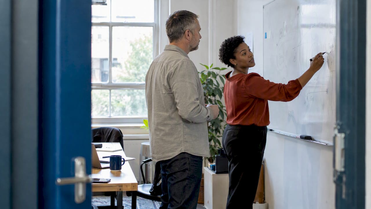 Founder and agency lead test a strategy workshop